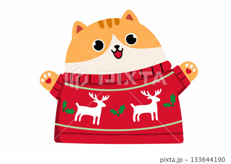 Cute cartoon cat wearing a festive christmas reindeer sweater, a whimsical vector illustration for holiday pet apparel and greeting cards Cute cartoon cat wearing a festive christmas reindeer sweater, a whimsical vector illustration for holiday pet apparel and greeting cards 133644190