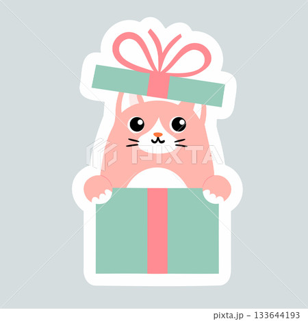 Cute pink cartoon cat peeking out from a gift box, a kawaii vector sticker for messaging, digital planning, and social media Cute pink cartoon cat peeking out from a gift box, a kawaii vector sticker for messaging, digital planning, and social media 133644193