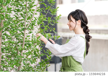 剪定バサミを使い庭木を剪定するエプロン姿の主婦 133644216