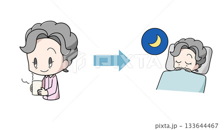 温かい飲み物を飲んでよく眠れた高齢女性のイラスト 133644467