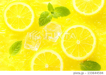 レモンの輪切りと氷とミントの葉が描かれたジューシーな背景 133644594