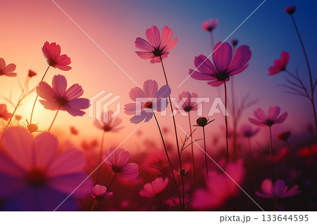 夕日に照らされるコスモスの美しい背景画像 夕日に照らされるコスモスの美しい背景画像 133644595