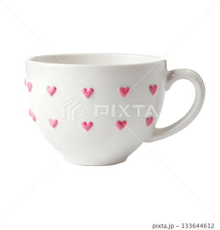 Charming white ceramic mug adorned with 3d pink heart embellishments, perfect for valentine's day, mother's day, or cozy cafe concepts 133644612
