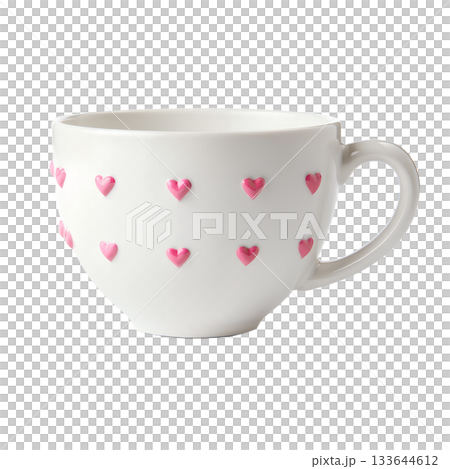 Charming white ceramic mug adorned with 3d pink heart embellishments, perfect for valentine's day, mother's day, or cozy cafe concepts 133644612