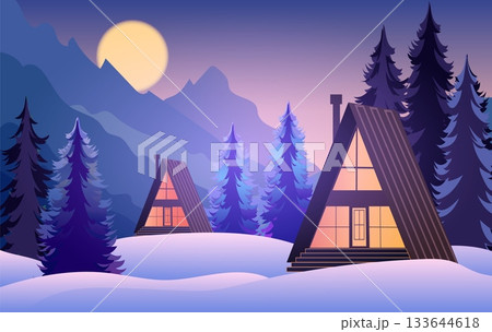 Two charming cabins are nestled in a snowy landscape surrounded by tall evergreen trees. The serene winter night is illuminated by a full moon casting a soft glow over the scene 133644618