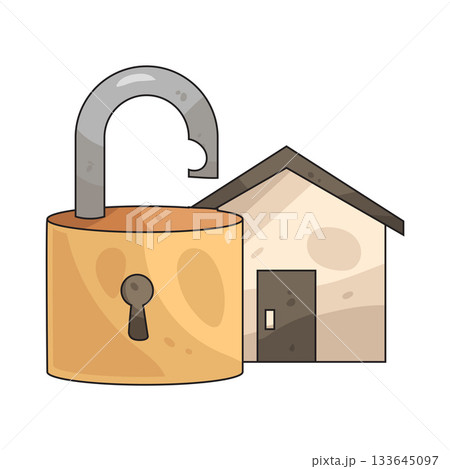 illustration of House with Open padlock 133645097