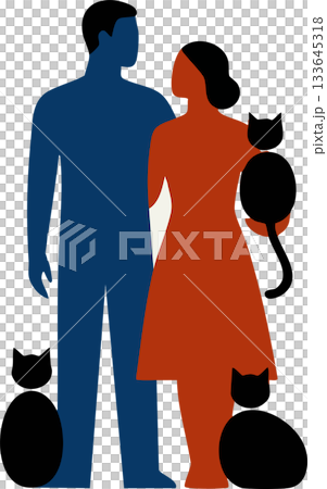 A minimalist, flat design illustration of man and woman with their cats. Modern family, relationship, and pet ownership concept using geometric, bold-color silhouettes. A minimalist, flat design illustration of man and woman with their cats. Modern family, relationship, and pet ownership concept using geometric, bold-color silhouettes. 133645318
