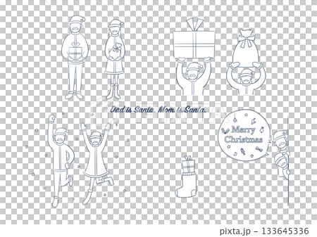 手描き風パパサンタ・ママサンタのクリスマス線画イラストセット 133645336