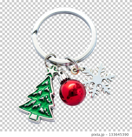 Festive christmas keychain with tree, bauble, snowflake charms, isolated on transparent background for holiday design projects 133645390