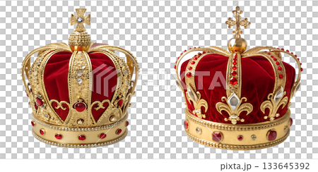 Majestic golden royal crowns on luxurious red velvet with sparkling gemstone embellishments, symbolizing luxury, power, monarchy for elegant designs Majestic golden royal crowns on luxurious red velvet with sparkling gemstone embellishments, symbolizing luxury, power, monarchy for elegant designs 133645392