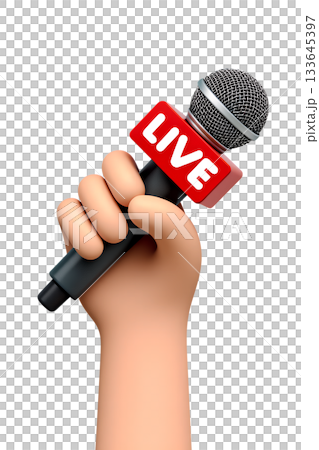 3d cartoon hand holding a news microphone, perfect for media, journalism, interviews, podcasting, and broadcasting topics 133645397