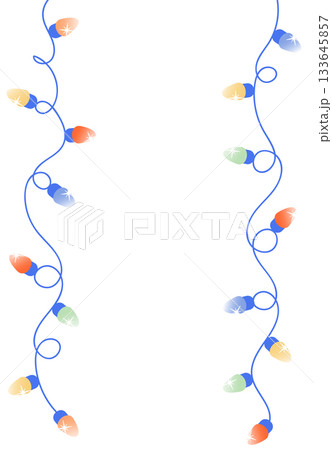 Christmas garland vertical strings with colorful lights on white background. Celebration vector template with empty space for text. Trendy stock illustration 133645857