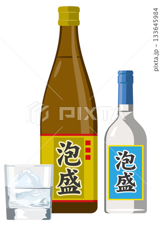 一升瓶泡盛と三合瓶泡盛とグラスのイメージイラスト 133645984