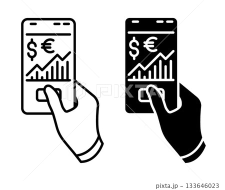 Linear icon. Hand of an investor broker holds a mobile phone with an online trading terminal for conducting stock exchange transactions. Simple vector isolated on white background 133646023
