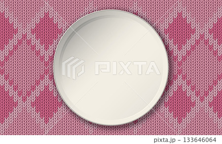 Top view of blank circle plate place on pink placemat diamond pattern background 133646064