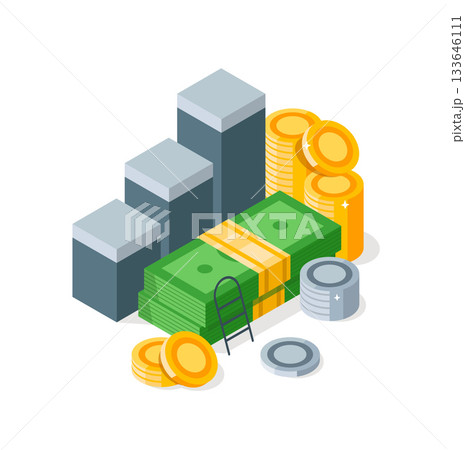 money and coins with stacks of money and a ladder,isometric illustration of stacks of coins and ladder money and coins with stacks of money and a ladder,isometric illustration of stacks of coins and ladder 133646111