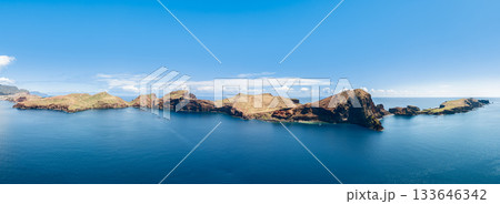 Madeira Sao Lourenco super wide panorama with headland bright ocean tones and distant islets 133646342