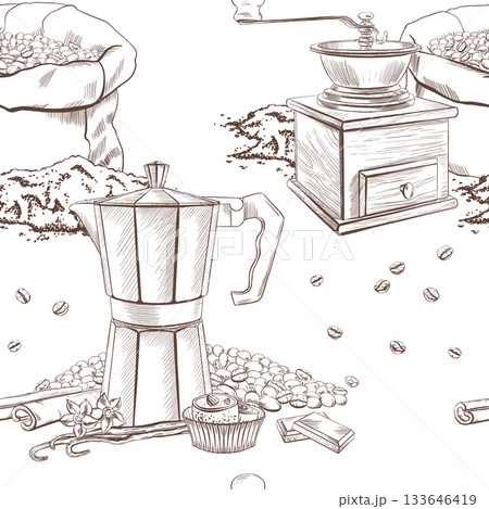 Seamless pattern of metal geyser coffee maker,cinnamon,vanilla pods and flowers,chocolate,sweet dessert Turkish delight,coffee grinder with a canvas bag and coffee beans,freshly ground aromatic coffee Seamless pattern of metal geyser coffee maker,cinnamon,vanilla pods and flowers,chocolate,sweet dessert Turkish delight,coffee grinder with a canvas bag and coffee beans,freshly ground aromatic coffee 133646419