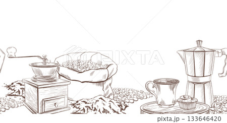 Seamless border with a geyser coffee maker,manual coffee grinder,canvas bag classic cup of black coffee Turkish delight sweets on a round wooden tray surrounded by roasted coffee beans Seamless border with a geyser coffee maker,manual coffee grinder,canvas bag classic cup of black coffee Turkish delight sweets on a round wooden tray surrounded by roasted coffee beans 133646420