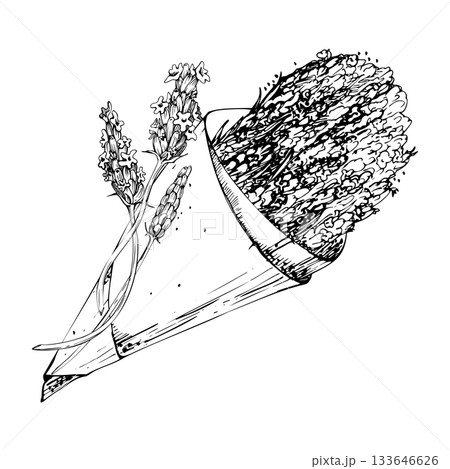 Line sketch of lavender bouquet wrapped in rustic kraft paper cone, single lavandula flower stalks. Isolated illustration hand drawn in vector ink. Eco branding, romantic product tag, garden label 133646626
