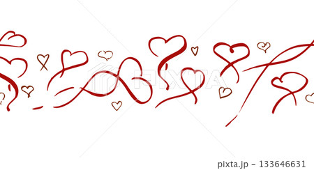Ink hand drawn heart icons and love doodles with flowing ribbon lines in continuous horizontal strip. Seamless vector banner illustration. Valentine decor, festive border, handmade greeting element. Ink hand drawn heart icons and love doodles with flowing ribbon lines in continuous horizontal strip. Seamless vector banner illustration. Valentine decor, festive border, handmade greeting element. 133646631