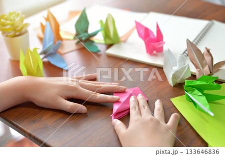 Female hands folding paper birds colorful as a hobby on a wooden table at home Female hands folding paper birds colorful as a hobby on a wooden table at home 133646836