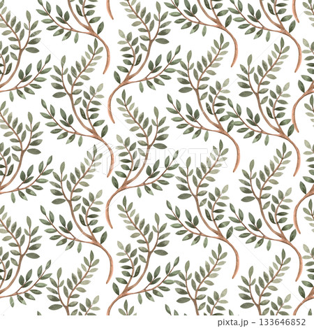 Seamless pattern with tree branches. Watercolor illustration for interior design, printing on clothing and fabric, cafe and restaurant decor, and packaging design. 133646852