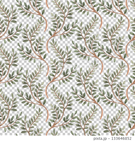 Seamless pattern with tree branches. Watercolor illustration for interior design, printing on clothing and fabric, cafe and restaurant decor, and packaging design. 133646852