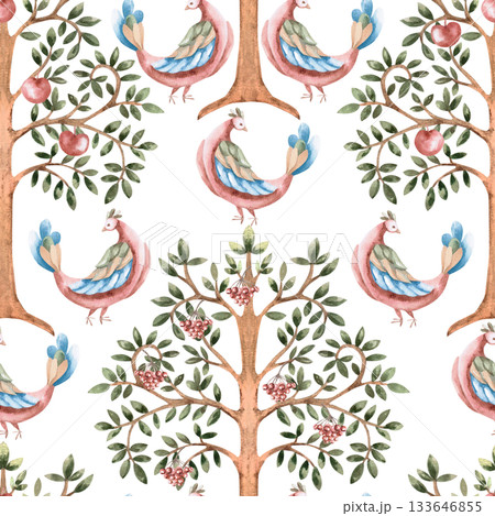 A seamless pattern with trees bearing fruit and stylized birds. A fabulous watercolor illustration for interior design, printing on clothing and fabric, and decorating cafes and restaurants. 133646855