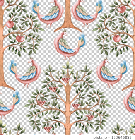 A seamless pattern with trees bearing fruit and stylized birds. A fabulous watercolor illustration for interior design, printing on clothing and fabric, and decorating cafes and restaurants. 133646855