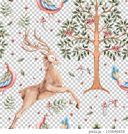 A seamless pattern with a running deer, trees, and stylized birds. A fabulous watercolor illustration for interior design, clothing and fabric printing, and cafes and restaurant decor. A seamless pattern with a running deer, trees, and stylized birds. A fabulous watercolor illustration for interior design, clothing and fabric printing, and cafes and restaurant decor. 133646858