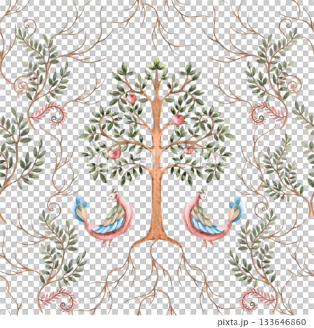 A seamless pattern with apple trees and stylized birds. A fabulous watercolor illustration for interior design, printing on clothing and fabric, and decorating cafes and restaurants. 133646860