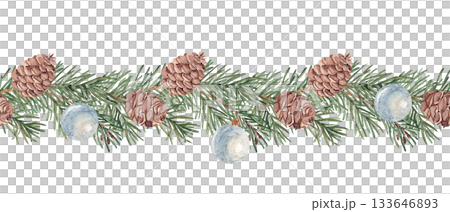 Christmas Horizontal Watercolor Seamless border Pattern. Pine or Fir Branches with cones and blue baubles. Hand painted illustration of Winter forest plant with green needles on white background. Can Christmas Horizontal Watercolor Seamless border Pattern. Pine or Fir Branches with cones and blue baubles. Hand painted illustration of Winter forest plant with green needles on white background. Can 133646893