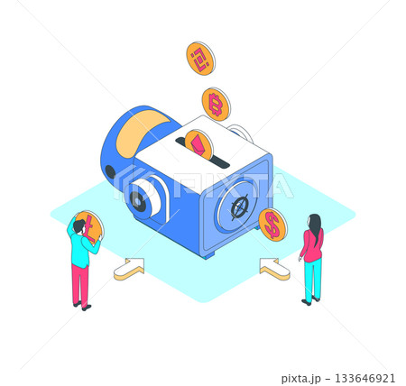 Cartoon Color Vault Robot and Currency Exchange Finance Concept 3d Isometric View Line Elements. Vector illustration Cartoon Color Vault Robot and Currency Exchange Finance Concept 3d Isometric View Line Elements. Vector illustration 133646921