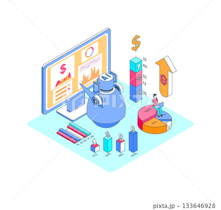 Cartoon Color Budget Analytics with Artificial Intelligence Finance Concept 3d Isometric View Line Elements. Vector illustration Cartoon Color Budget Analytics with Artificial Intelligence Finance Concept 3d Isometric View Line Elements. Vector illustration 133646928
