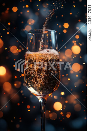 Glass of champagne is poured into glass with bubbles rising to the top. Sense of excitement and celebration Glass of champagne is poured into glass with bubbles rising to the top. Sense of excitement and celebration 133647051