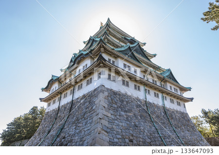 Nagoya castle, Nagoya, Aichi, Japan, Historic Japanese castle tower with stone base surrounded by trees under clear sky 133647093
