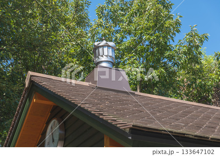 Roof ventilation system on house surrounded by green trees in sunny weather 133647102