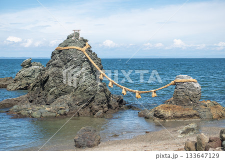 Meoto Iwa Wedded Rocks near Futami, Ise city, Japan, Sacred rocks connected by rope at coastal Meoto Iwa Wedded Rocks near Futami, Ise city, Japan, Sacred rocks connected by rope at coastal 133647129