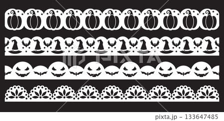 Hand drawn lace scalloped paper punch border halloween theme with pumpkins, witch hats and bats Hand drawn lace scalloped paper punch border halloween theme with pumpkins, witch hats and bats 133647485