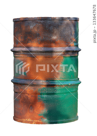 An old metal green barrel is rusty and rotten. on a white background. 133647678
