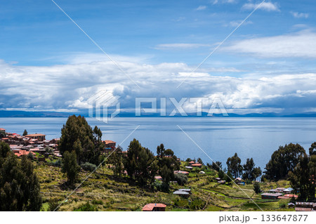 Houses and cultivated fields on Taquile Island, Lake Titicaca, Peru Houses and cultivated fields on Taquile Island, Lake Titicaca, Peru 133647877