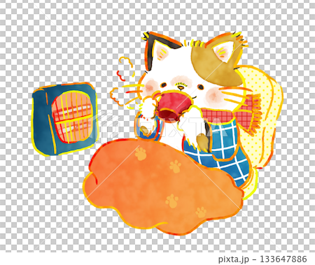 一幅溫馨的冬日插畫：一隻貓咪正在喝熱飲取暖 133647886