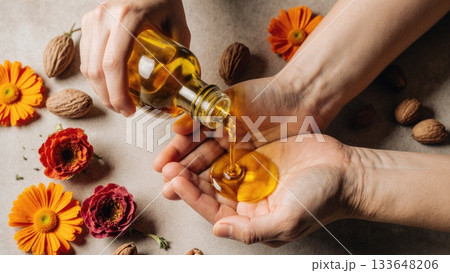 Hands Pouring Natural Oil Among Whole Botanicals Hands Pouring Natural Oil Among Whole Botanicals 133648206