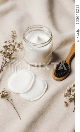 Sustainable Clean Beauty Flat Lay on Linen Sustainable Clean Beauty Flat Lay on Linen 133648215