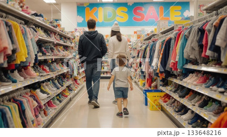 Family Shopping During Kids Sale in Bright Store with Colorful Banners Family Shopping During Kids Sale in Bright Store with Colorful Banners 133648216