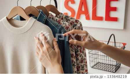 Man's Hands Choosing Discount Hoodie and Jeans at Street Market Sale 133648219
