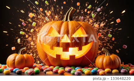 Candy Explosion Bursting from Jack-O-Lantern for Halloween Party Banner Candy Explosion Bursting from Jack-O-Lantern for Halloween Party Banner 133648220