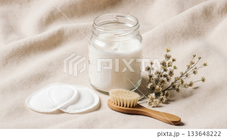 Sustainable Clean Beauty Flat Lay on Linen 133648222