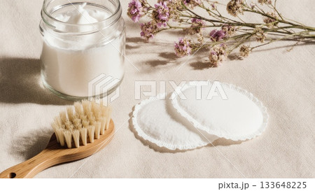 Sustainable Clean Beauty Flat Lay on Linen Sustainable Clean Beauty Flat Lay on Linen 133648225